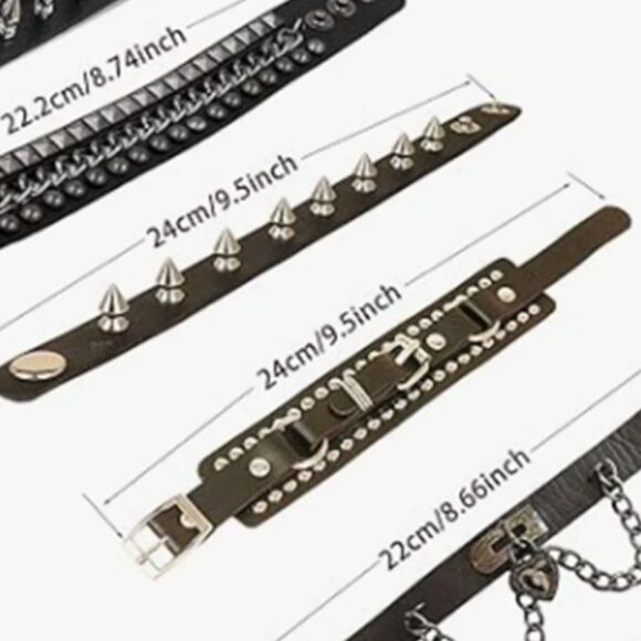 Set of 3 Black Faux Leather Stainless Steel Spikes Chains Bracelets Men Women - Picture 6 of 6